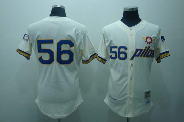 Mitchell and Ness Pilots #56 Jim Bouton Stitched Cream Throwback MLB Jersey - Click Image to Close